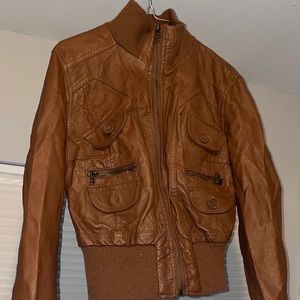 Brown faux leather jacket & scarf.